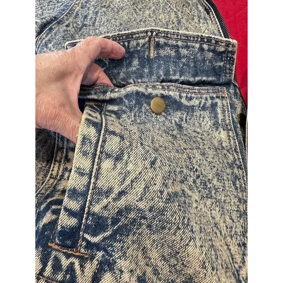 VTG Hill & Archer Trucker Jacket Acid Wash Denim Leather Collar‎ Mens XL Zip